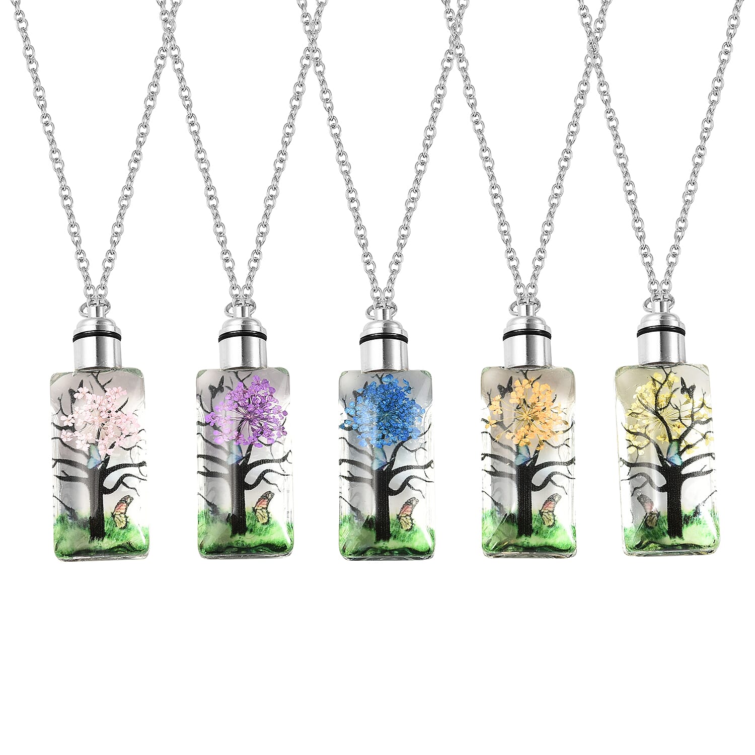 Set of 5 White Glass Rectangular LED Pendant Necklace 23.50 Inches in Stainless Steel