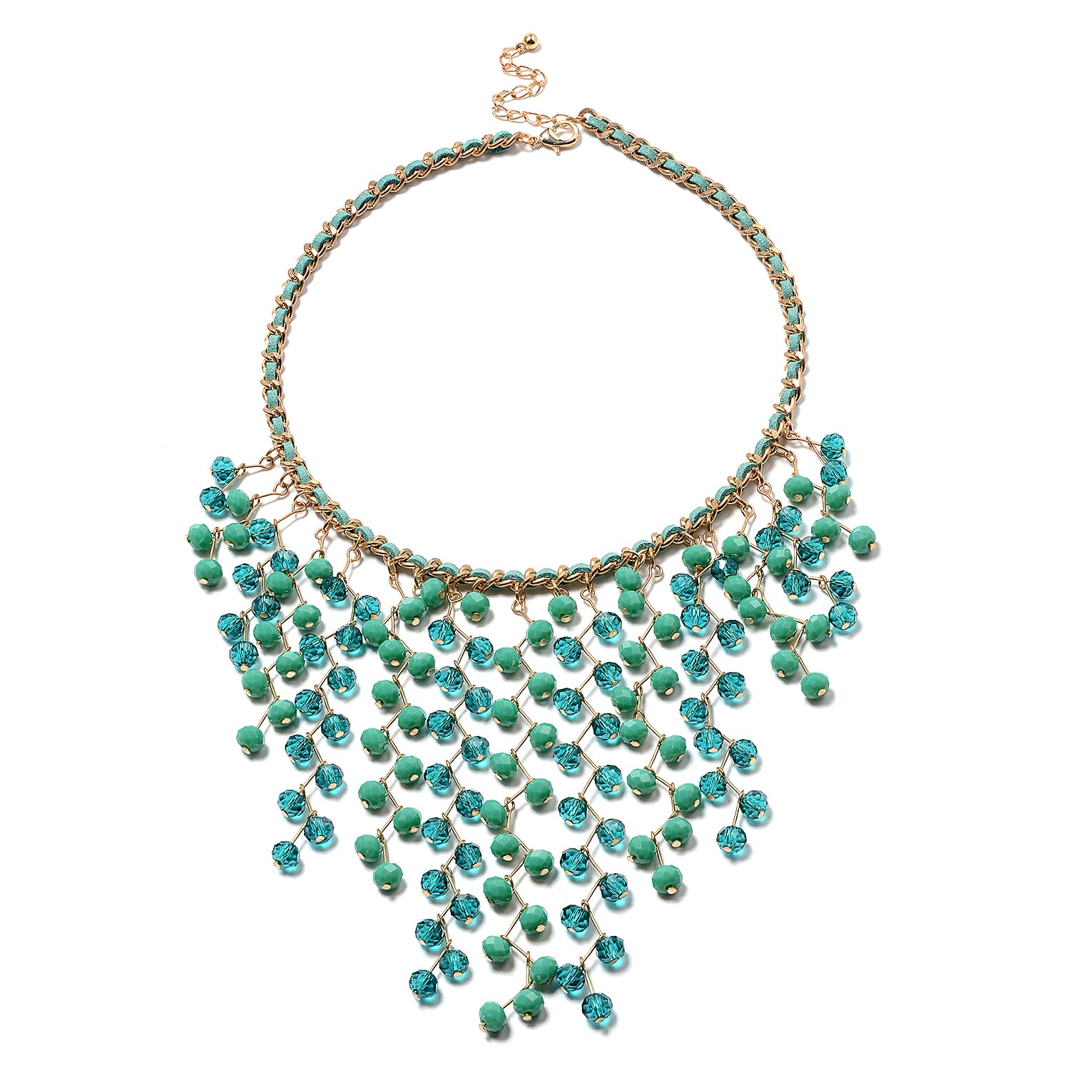 Green Glass Beads and Faux Leather Waterfall Necklace 19 Inch in Goldtone