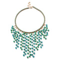 Green Glass Beads and Faux Leather Waterfall Necklace 19 Inch in Goldtone - Sticky add to cart bar