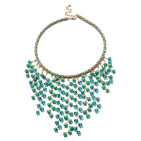 Green Glass Beads and Faux Leather Waterfall Necklace 19 Inch in Goldtone