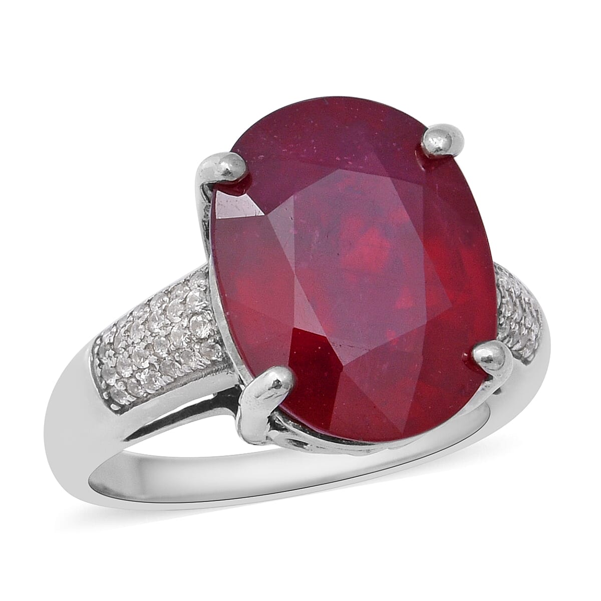 13.93 ctw Niassa Ruby and Natural White Zircon Ring in Platinum Over Sterling Silver (Size 10.0)