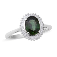 Green Sapphire, Diamond Halo Ring in Platinum Over Sterling Silver (Size 10.0) 1.90 ctw