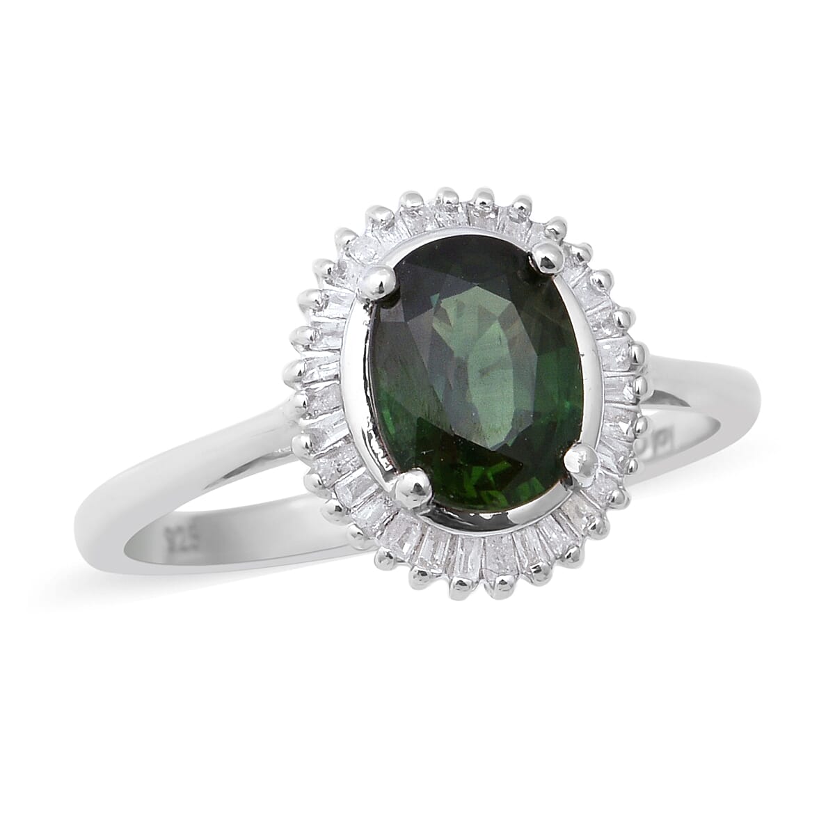 Green Sapphire, Diamond Halo Ring in Platinum Over Sterling Silver (Size 10.0) 1.90 ctw (1)