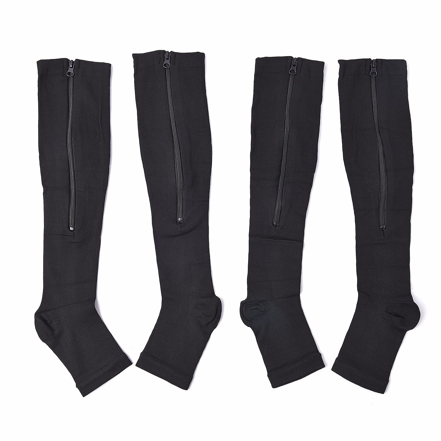 Set of 2 Pairs Black Zipper Compression Socks with Open Toe (S/M)-15-20mmHg
