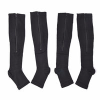 Set of 2 Pairs Black Zipper Compression Socks with Open Toe (S/M)-15-20mmHg