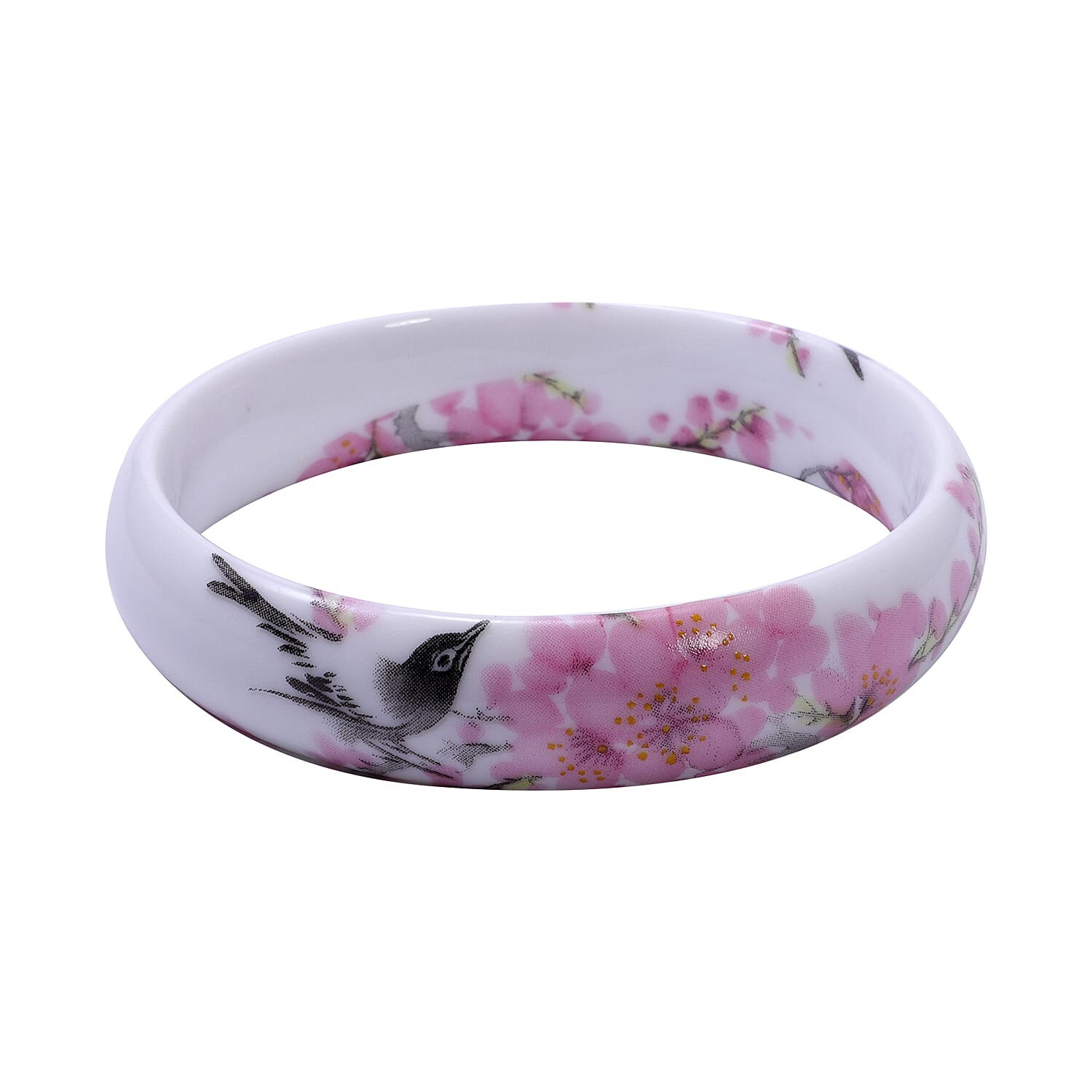 Ceramic Bird and Flower Pattern Bangle Bracelet (8.25 In)