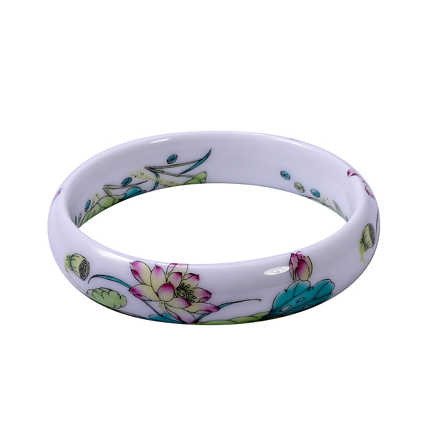 Ceramic Bird and Flower Pattern Bangle Bracelet (8.25 In)