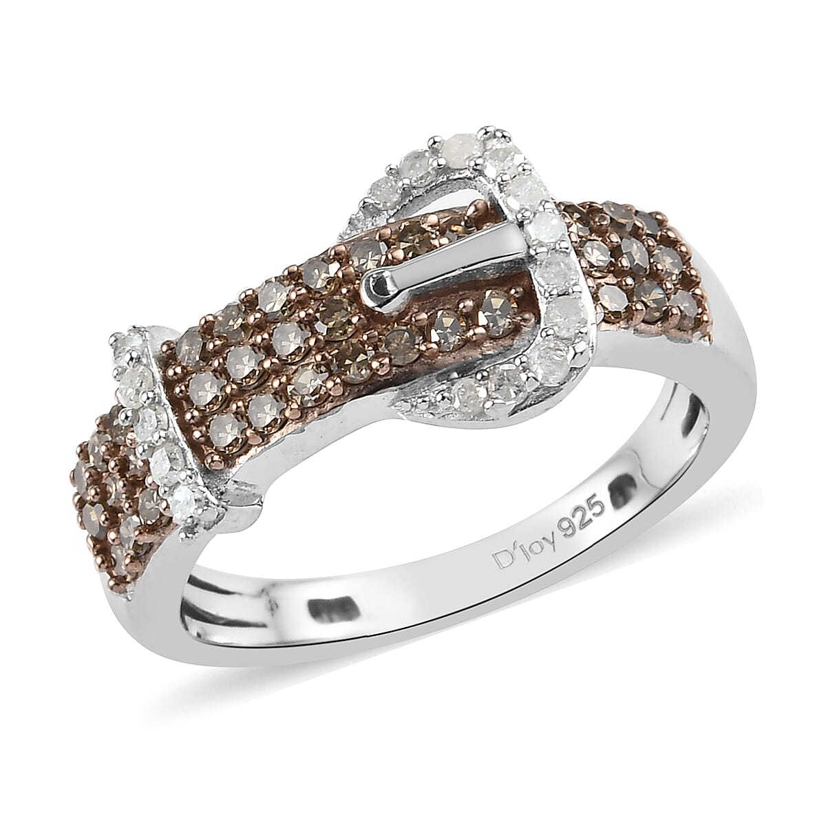 Natural Champagne & White Diamond Buckle Ring in Rhodium & Platinum Over Sterling Silver 0.50 ctw