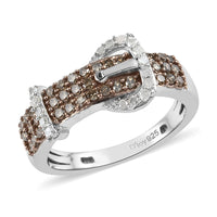 Natural Champagne & White Diamond Buckle Ring in Rhodium & Platinum Over Sterling Silver 0.50 ctw