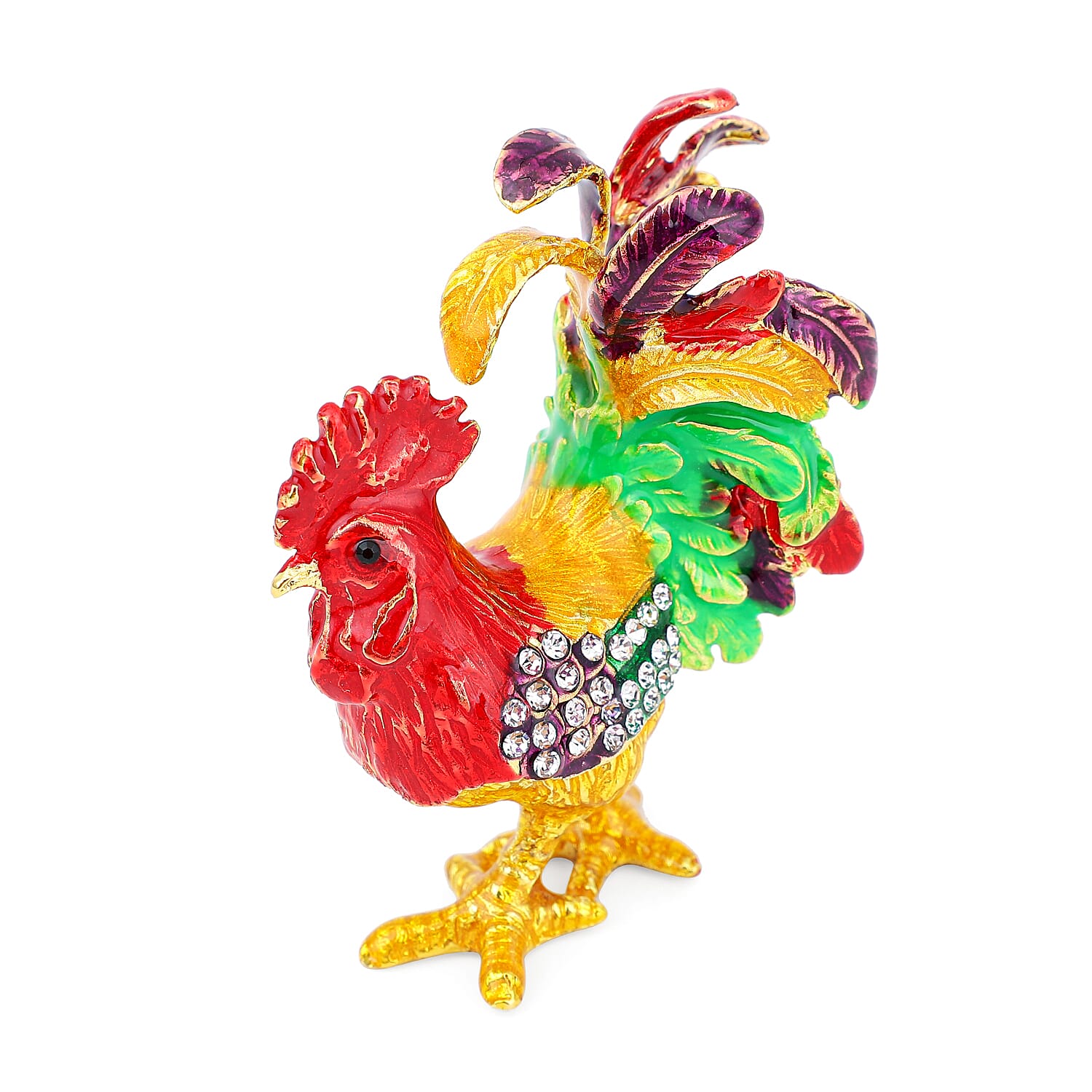 DOORBUSTER White and Black Austrian Crystal, Enameled Cock Trinket Jewelry Box in Goldtone