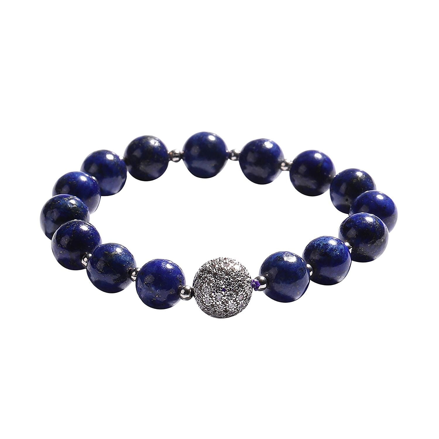 Lapis Lazuli and Simulated Diamond Beaded Stretch Bracelet in Silvertone 110.36 ctw