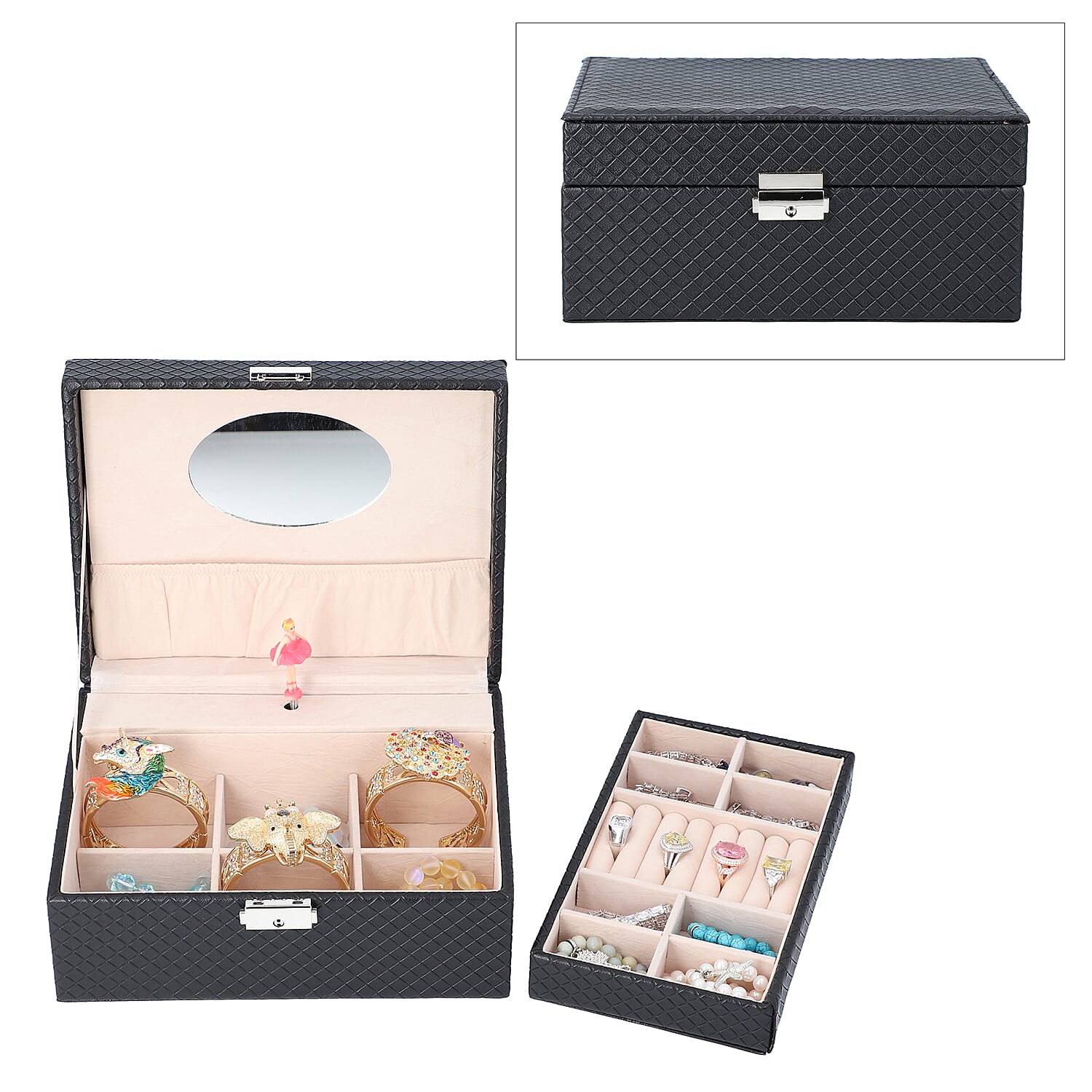 Black Faux Leather 2 Tier Music Jewelry Box with Dancer