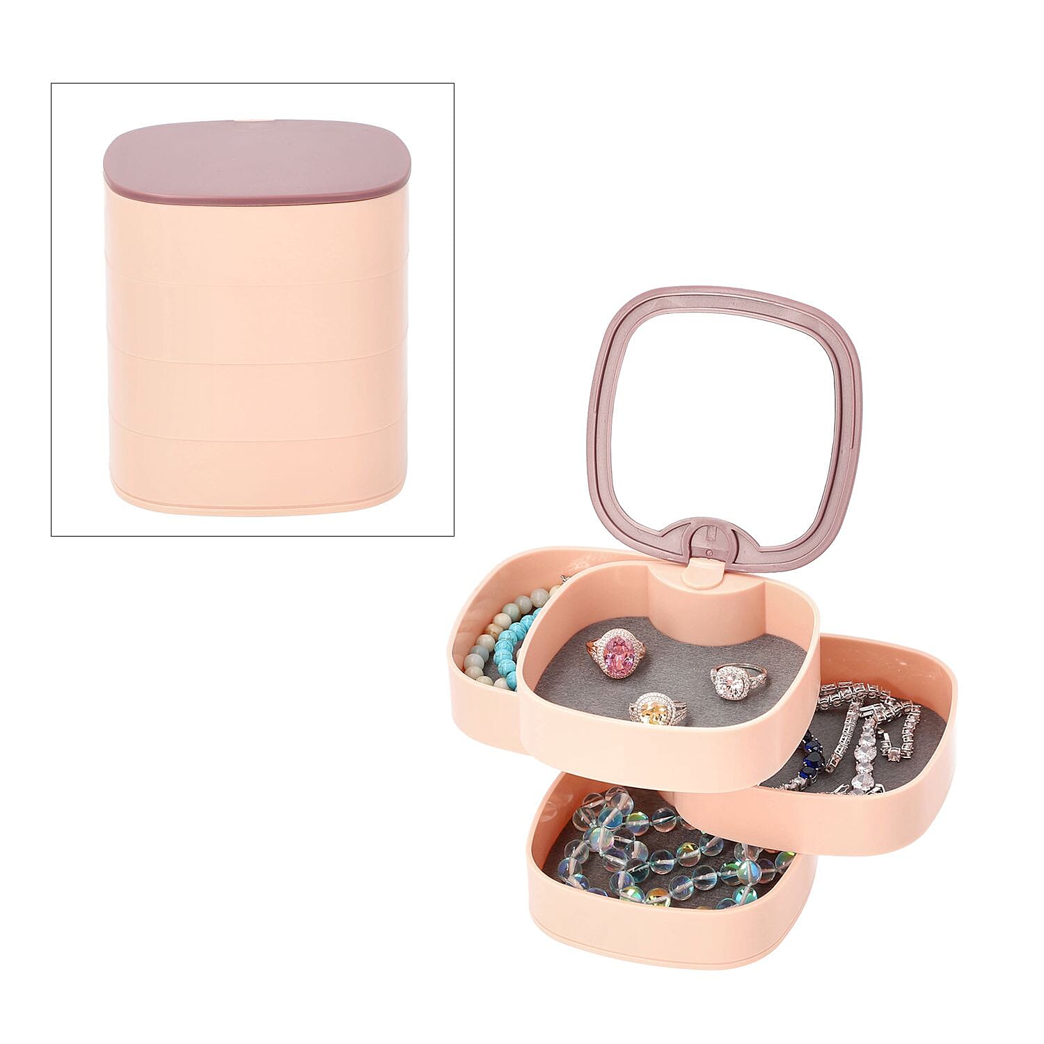 Pink with Purple 360 Degree Rotatable Square Shape 4 Tier Jewelry Organizer with Mirror