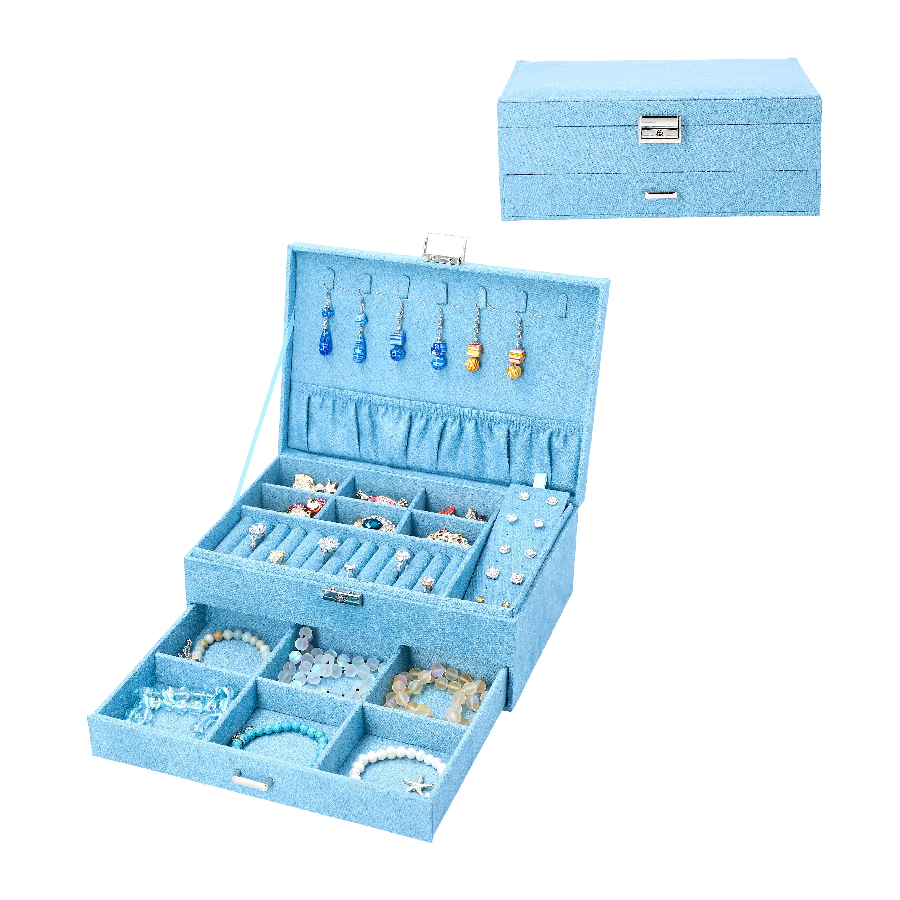 Sky Blue Velvet 2 Tier Jewelry Box with Lock and Key
