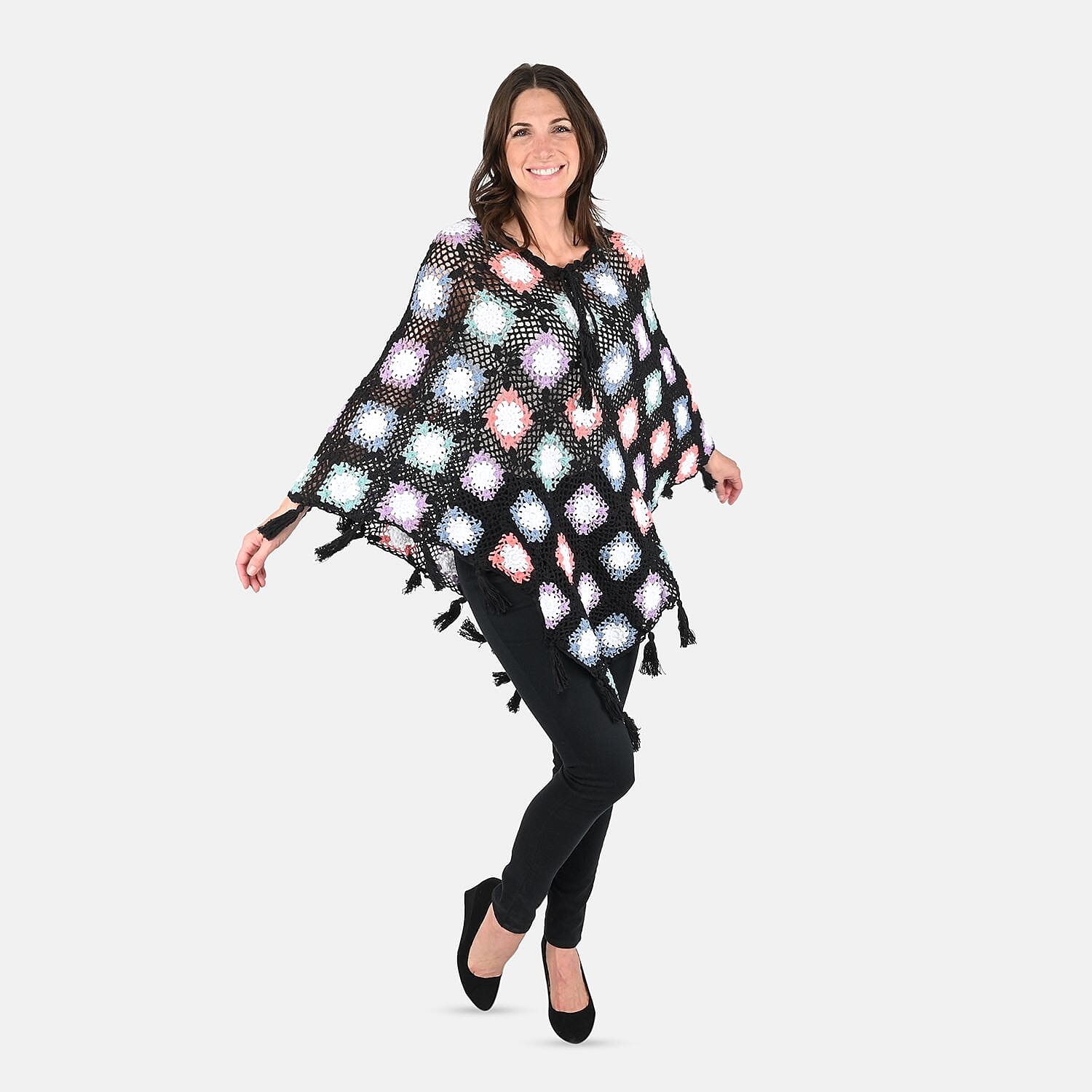PASSAGE 100% Cotton Crochet White and Multi Color Square Poncho (One Size)