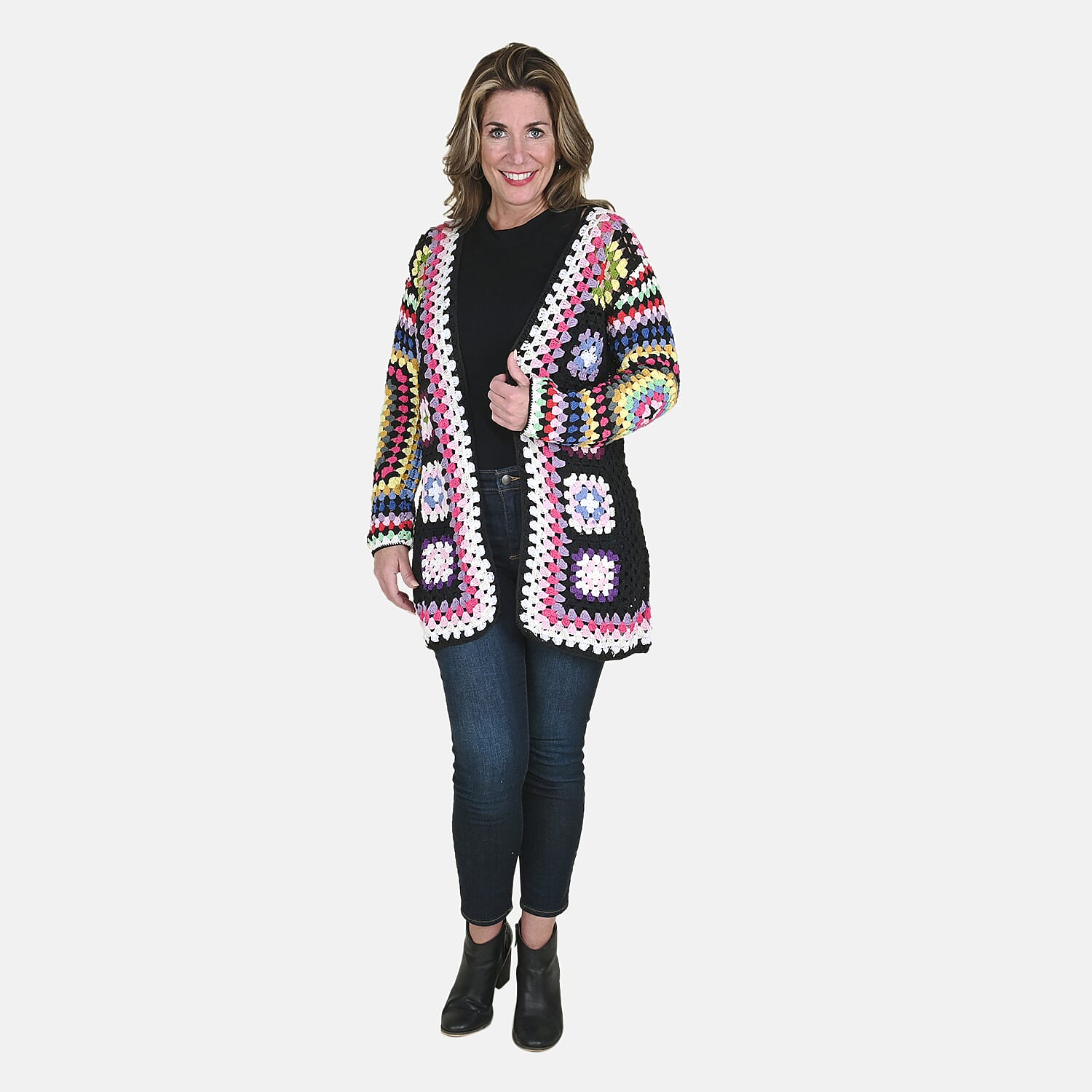 PASSAGE 100% Cotton Crochet White and Multi Color Square Cardigan- (S)