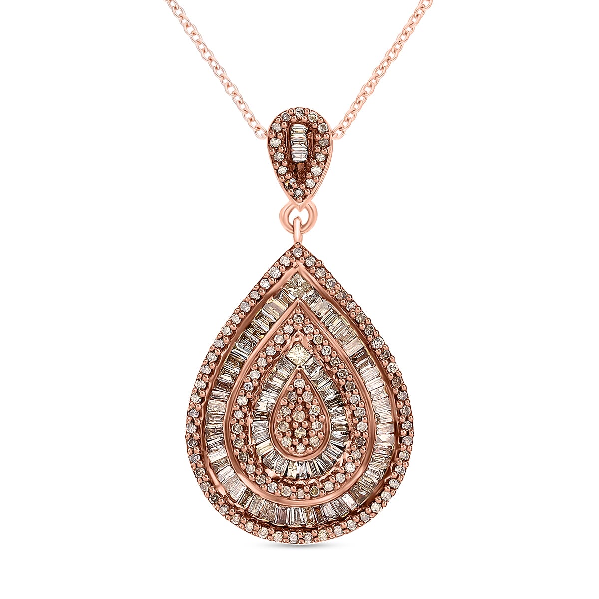 1.00 ctw Natural Champagne Diamond Pear Shape Cocktail Pendant Necklace 18 Inches in Rhodium & Vermeil Rose Gold Over Sterling Silver
