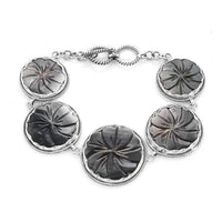 BALI LEGACY White Mother of Pearl Carved Flower Bracelet (7.25 In) and Earrings in Sterling Silver 14 Grams
