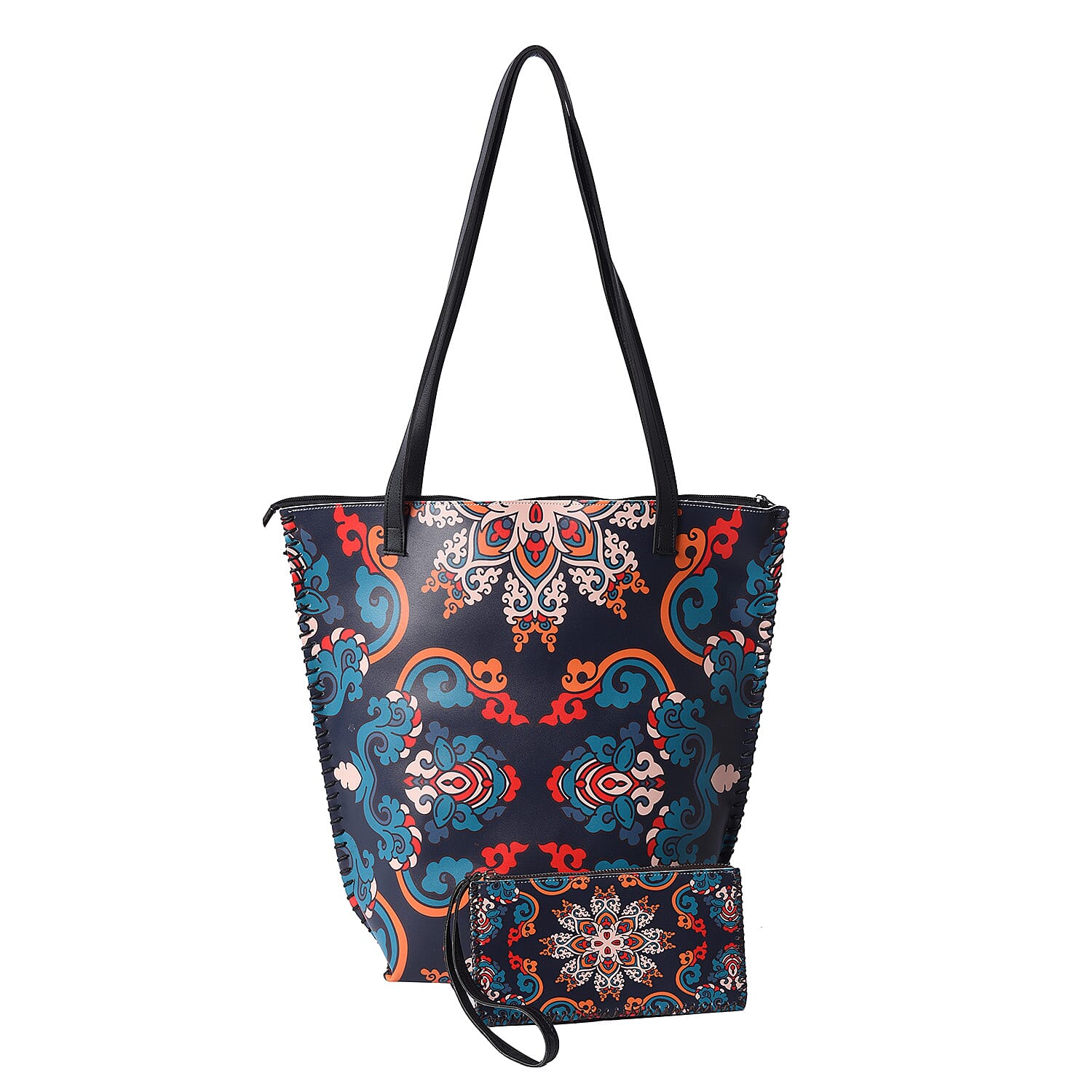 Asian Ethnic Pattern Collection Light Pink with Multi Color Auspicious Digital Print Pattern Faux Leather Tote Bag with Clutch