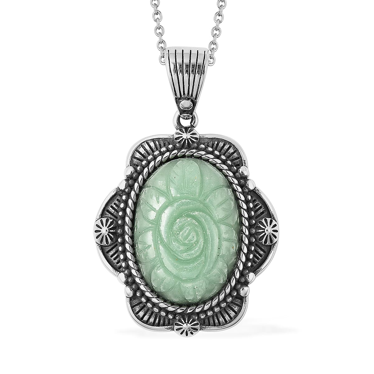 Green Aventurine Carved Rose Pendant Necklace (20 Inches) in Stainless Steel 25.00 ctw