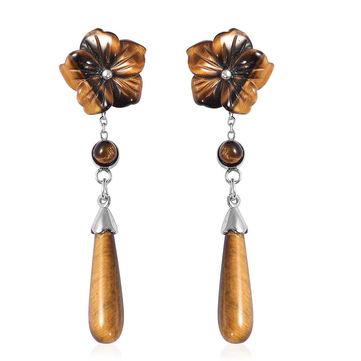 15 ctw Green Aventurine Drop and Flower Carved Earrings in Stainless Steel