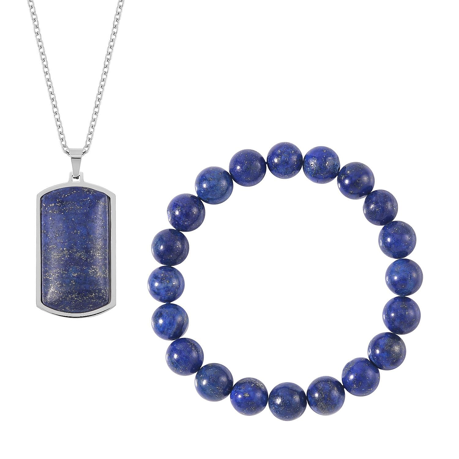 Lapis Lazuli Beaded Stretch Bracelet and Dog Tag Pendant Necklace (24.00 In) in Stainless Steel 219.15 ctw