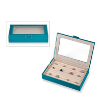 Teal Faux Leather Anti- Tarnish Lining Ring and Earrings Box with Glass Window (Approx 100 Slots)
