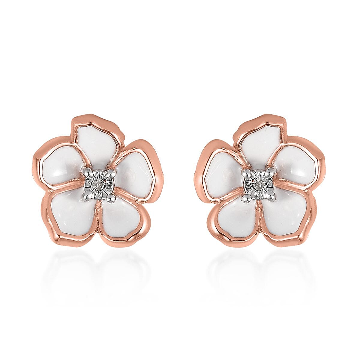 Diamond Accent and Enameled Floral Earrings in 14K Rose Gold Over Sterling Silver