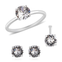 Stud Earrings, Solitaire Ring (Size 10) and Pendant in Sterling Silver Made with White Crystal from Swarovski 3.40 ctw