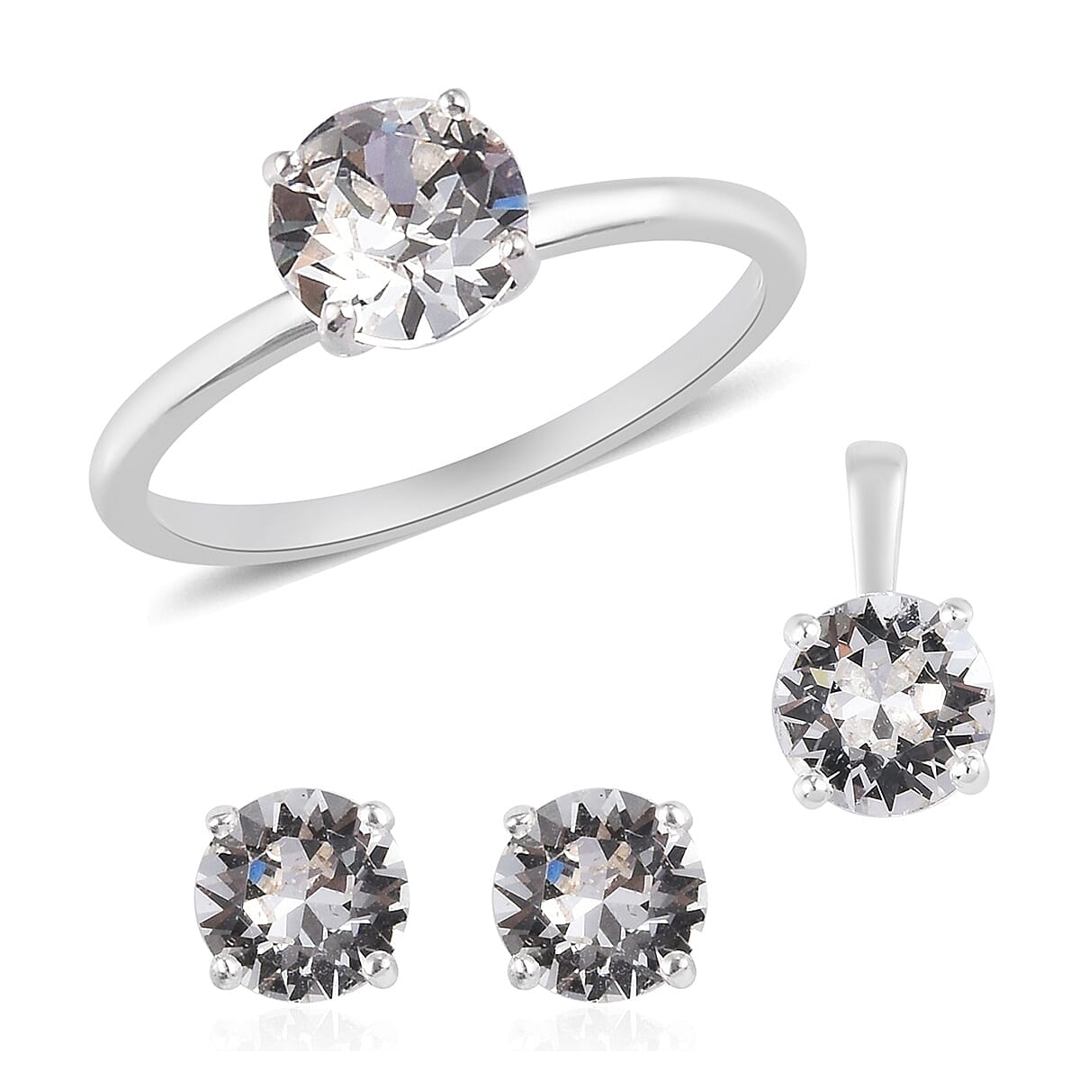 Stud Earrings, Solitaire Ring (Size 10) and Pendant in Sterling Silver Made with White Crystal from Swarovski 3.40 ctw (1)