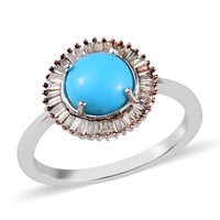 AMERICAN Natural Sleeping Beauty Turquoise and Natural Champagne Diamond Halo Ring in Platinum Over Sterling Silver (Size 9.0) 1.40 ctw