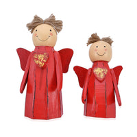 Red Handcrafted Set of 2 Wooden Christmas Standing Angel Dolls with Wings (7.87x5.31x3.14)