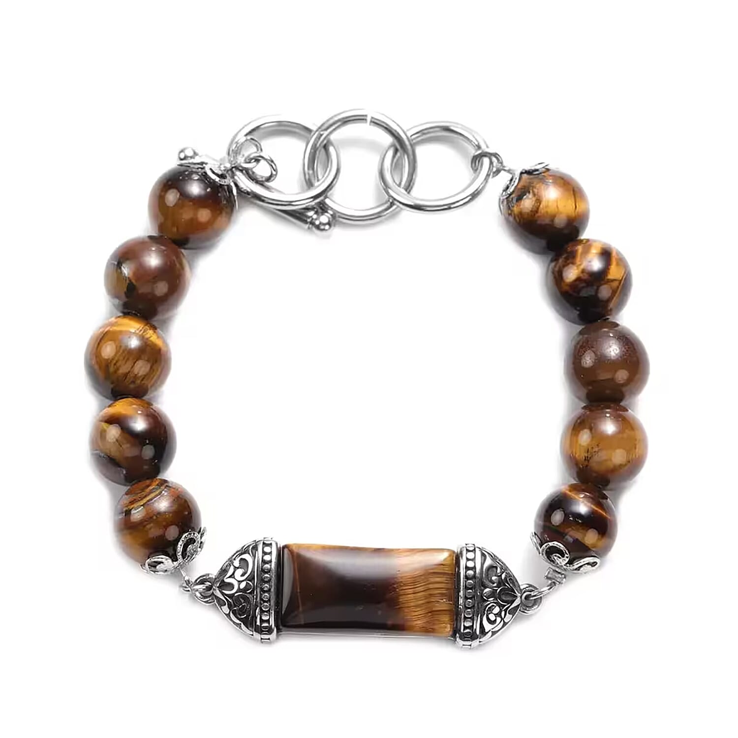 Yellow Tiger's Eye 117.20 ctw Station Bracelet in Stainless Stee (6.75 In)