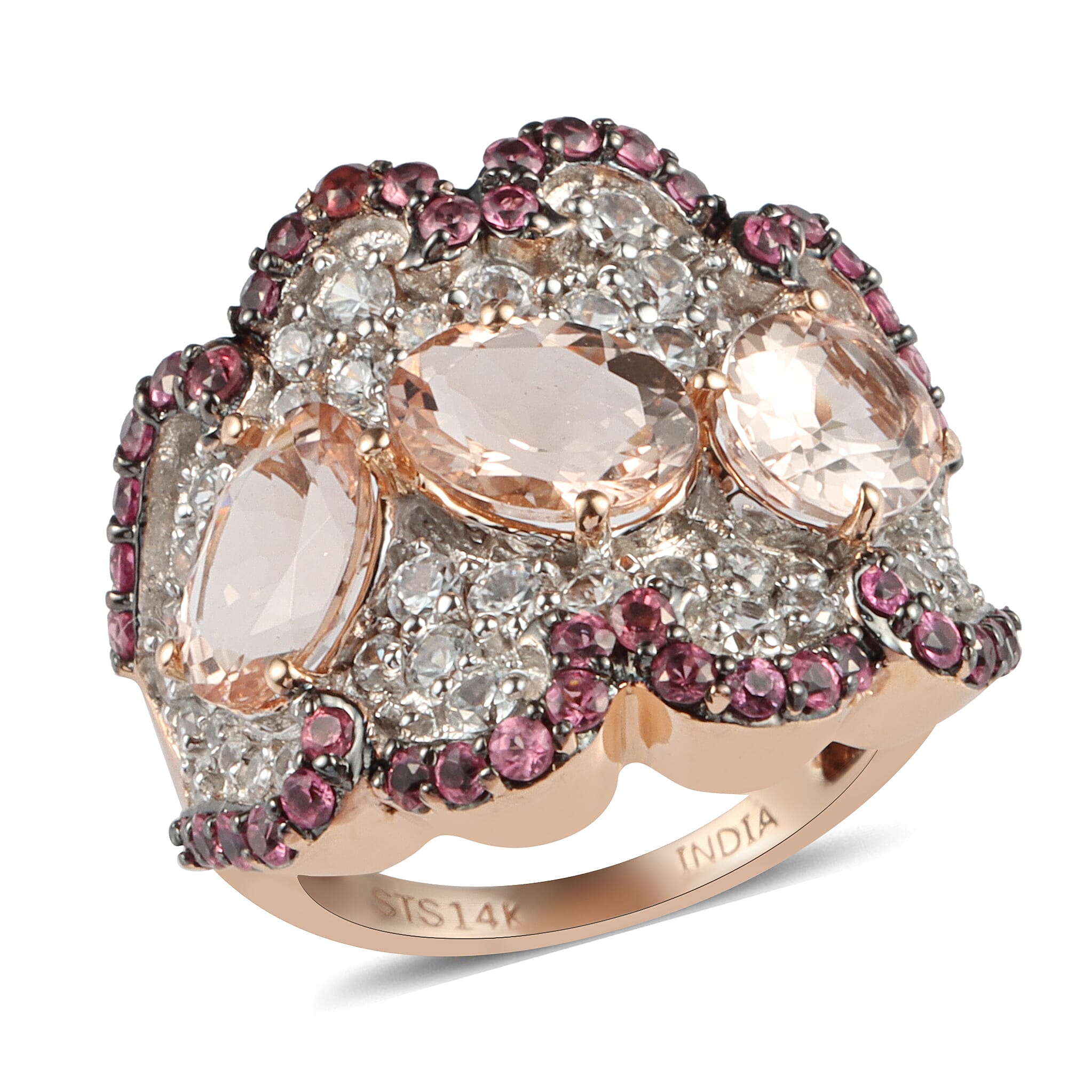 14K Rose Gold Marropino Morganite, Multi Gemstone Ring (Size 5.0) (7.40 g) 7.55 ctw