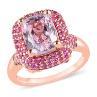 Premium Martha Rocha Kunzite and Madagascar Pink Sapphire Double Halo Ring in Vermeil Rose Gold Over Sterling Silver (Size 8.0) 5.75 ctw