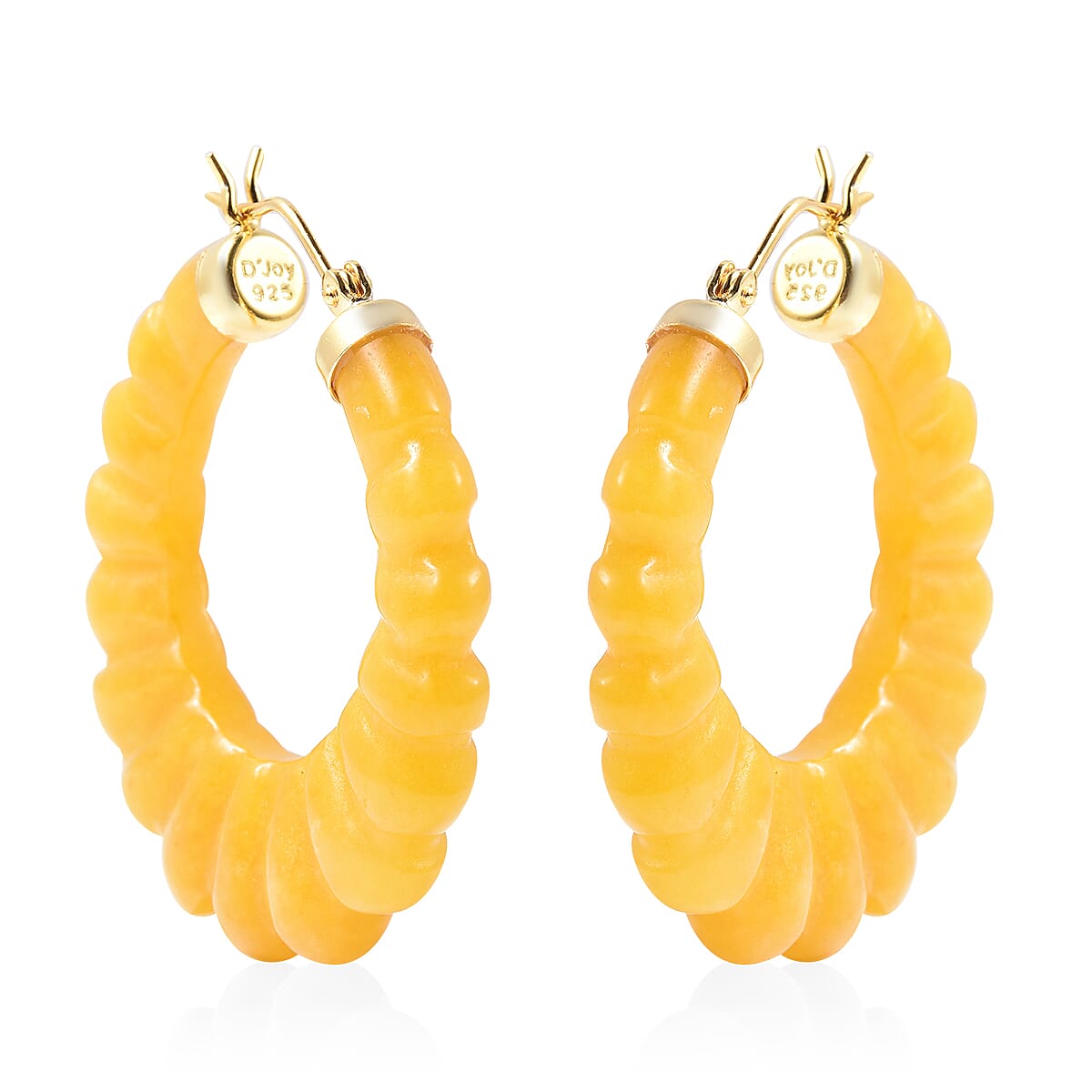 Green Jade Carved Hoop Earrings in 14K Yellow Gold Over Sterling Silver 75.50 ctw