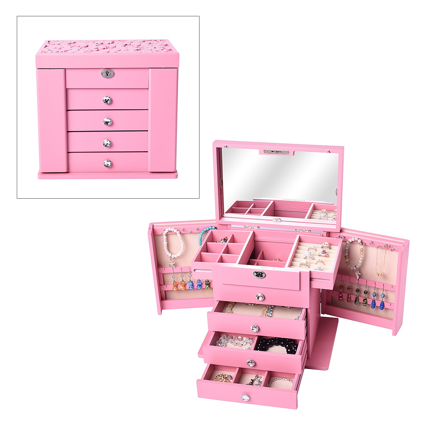 Pink Wooden Carved Flower with Crystal 5 Tier Jewelry Box with Large Mirror and Key Lock (12.2"x8.1"x11")