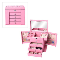 Pink Wooden Carved Flower with Crystal 5 Tier Jewelry Box with Large Mirror and Key Lock (12.2"x8.1"x11")
