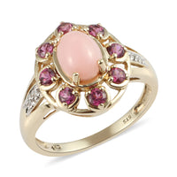 10K Yellow Gold Peruvian Pink Opal, Orissa Rhodolite Garnet Accent Diamond Ring (Size 7.5) 1.30 ctw
