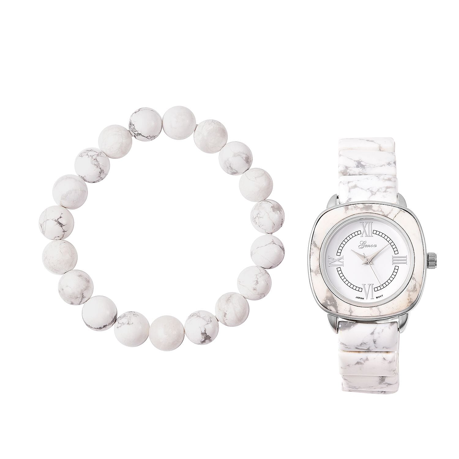 Set of 2 White Howlite 169.00 ctw Beaded Stretch Bracelet and Genoa Miyota Japanese Movement Bracelet Watch with Square Shape White Howlite Strap (6.5-7.00In)