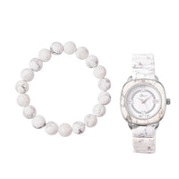 Set of 2 White Howlite 169.00 ctw Beaded Stretch Bracelet and Genoa Miyota Japanese Movement Bracelet Watch with Square Shape White Howlite Strap (6.5-7.00In)