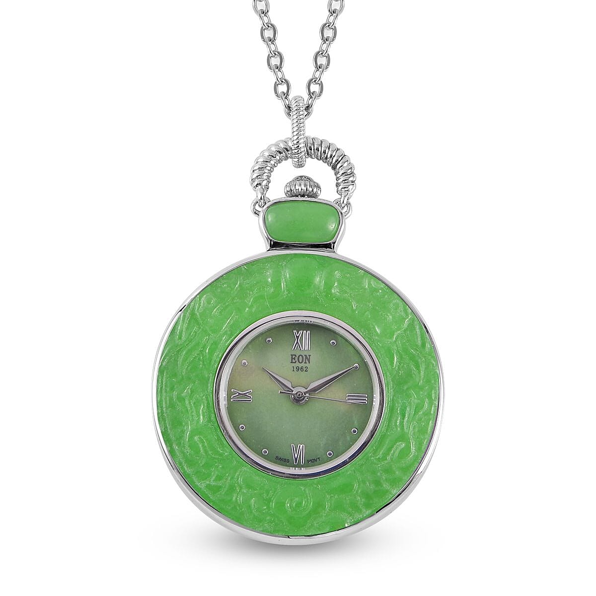 Doorbuster EON 1962 Swiss Movement Green Jade Carved Two Dragons Pocket Watch with 32 Inches Stainless Steel Chain