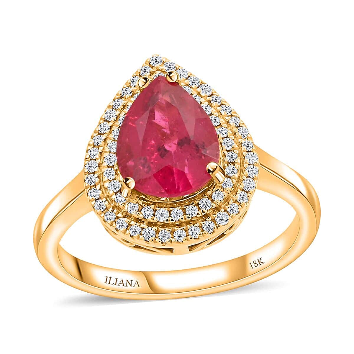 Iliana AAA Rubellite and Diamond G-H SI 2.15 ctw Double Halo Ring in 18K Yellow Gold 5.20 Grams