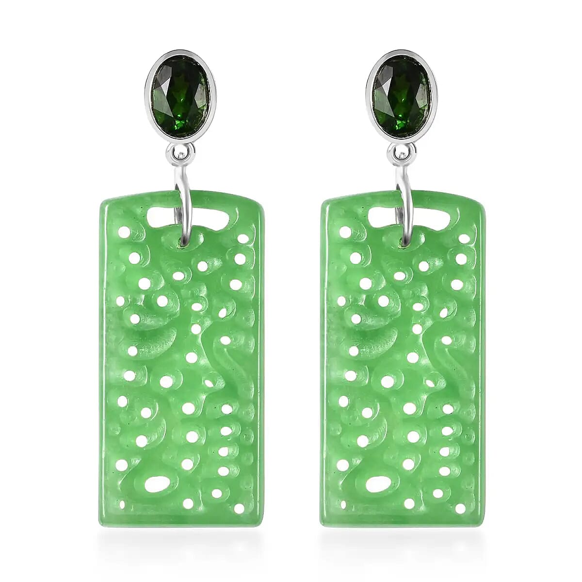 Carved Green Jade (D) 22.80 ctw Dangle Earrings, Green Jade Earrings, Chrome Diopside Accent Earrings, Rhodium Over Sterling Silver Earrings