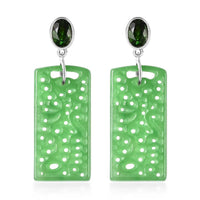 Carved Green Jade (D) 22.80 ctw Dangle Earrings, Green Jade Earrings, Chrome Diopside Accent Earrings, Rhodium Over Sterling Silver Earrings