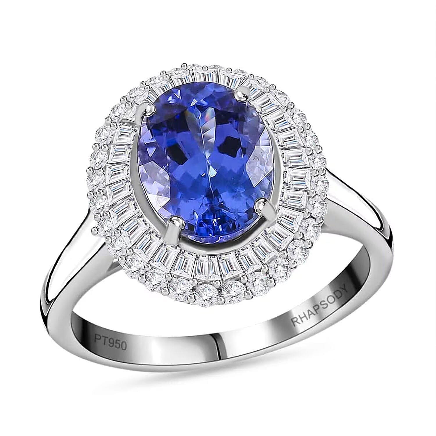 RHAPSODY 3.25 ctw AAAA Tanzanite and Diamond E-F VS Double Halo Ring in 950 Platinum 6.40 Grams