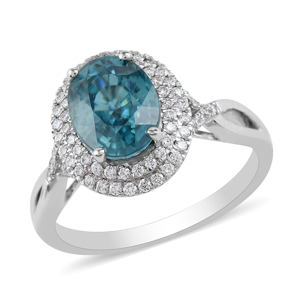 ILIANA 18K White Gold AAA Blue Zircon and G-H SI Diamond Double Halo Ring 4.45 Grams 3.85 ctw