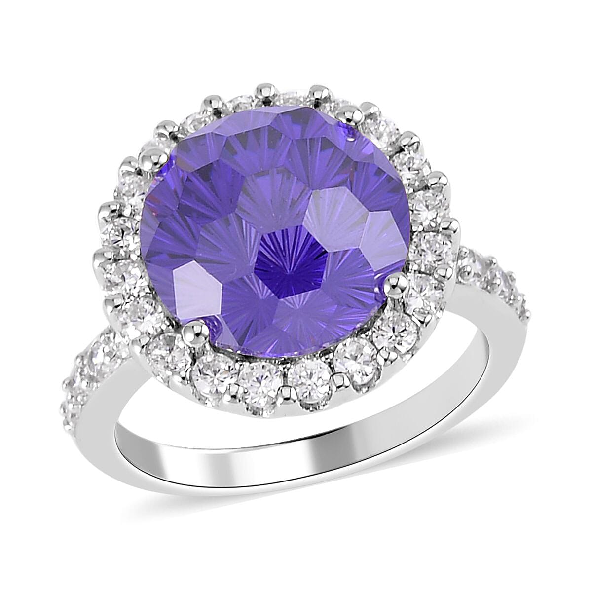 Lustro Stella HoneyComb Cut Finest Blue Spinel Color & White CZ Halo Ring in Sterling Silver (Size 10.0) 15.20 ctw