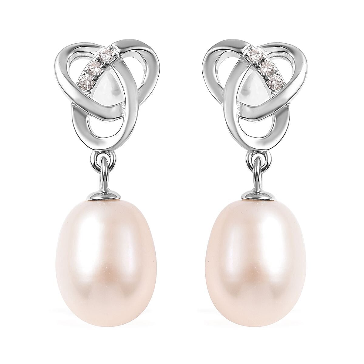 White Freshwater Pearl and Simulated Diamond Drop Earrings in Rhodium Over Sterling Silver