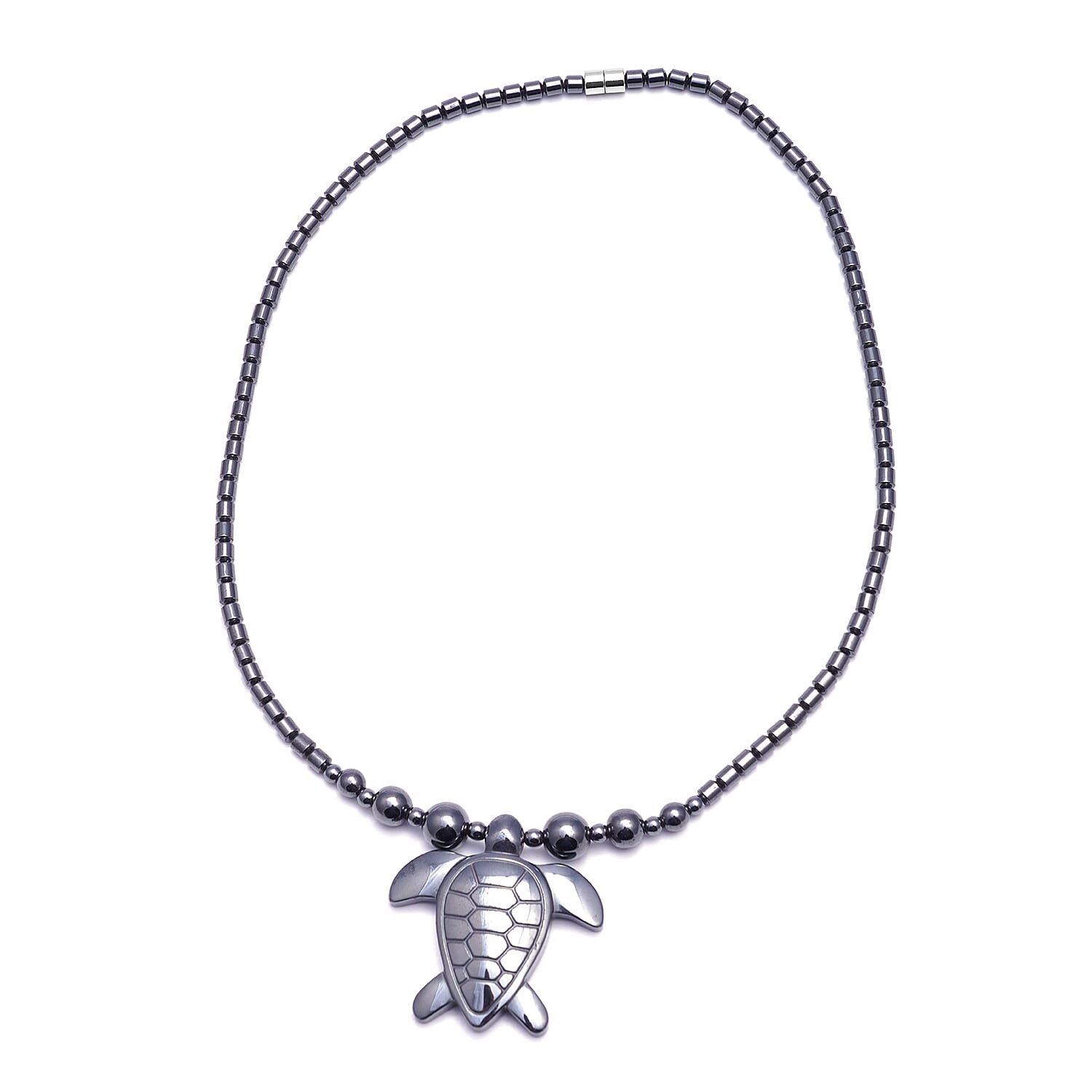 286.50 ctw Hematite Beads Turtle Necklace 20 Inches in Silvertone